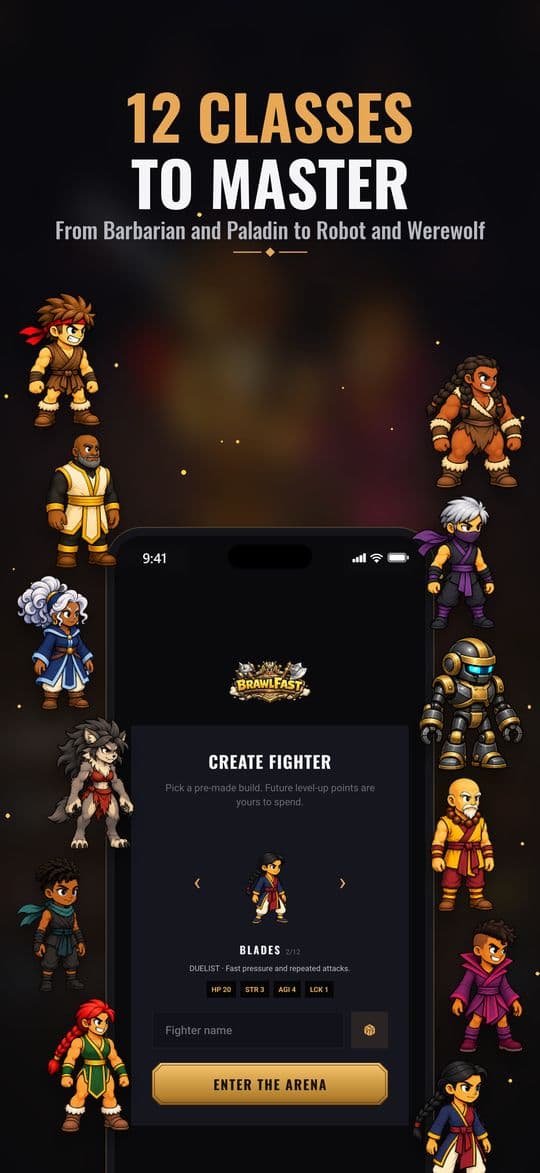 The 12 fighter classes around the fighter creation screen