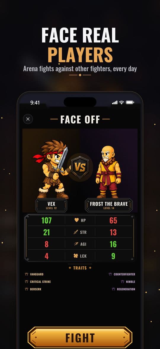 Face-off screen comparing both fighters before an Arena fight