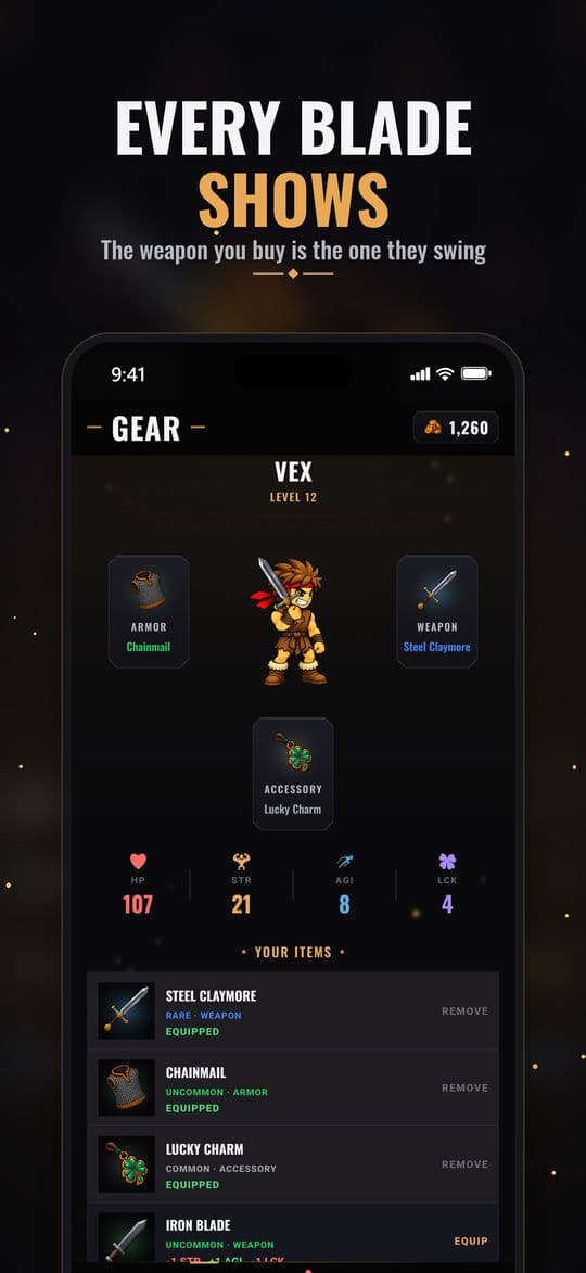 Gear screen: the equipped weapon shows in the fighter’s hands